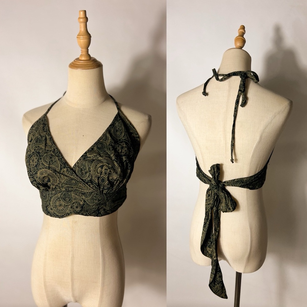MEXICALI BLUES Green & Black Rayon Halter Crop Top